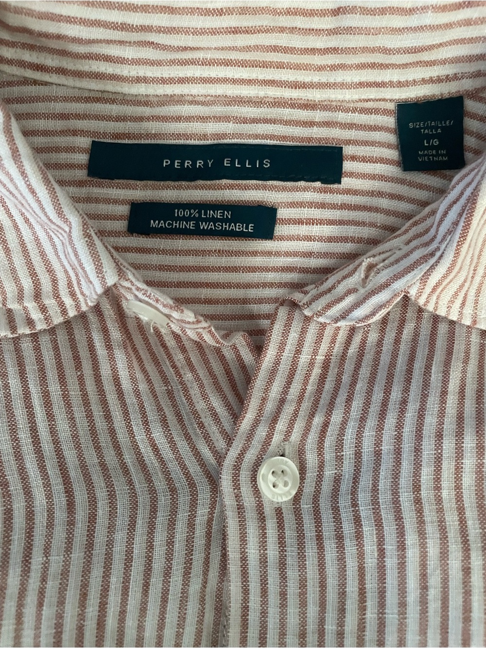 Perry Ellis Red-White Striped Linen Button-Down Shirt